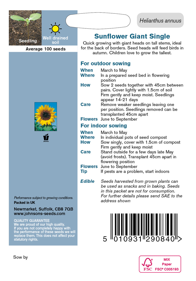 Johnsons Seeds Helianthus annuus - Sunflower Giant Single