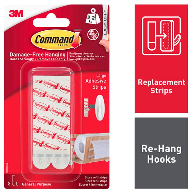 3M Command Large Mounting/Replacement Strips 17023P Pack of 8
