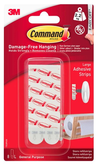 3M Command Large Mounting/Replacement Strips 17023P Pack of 8