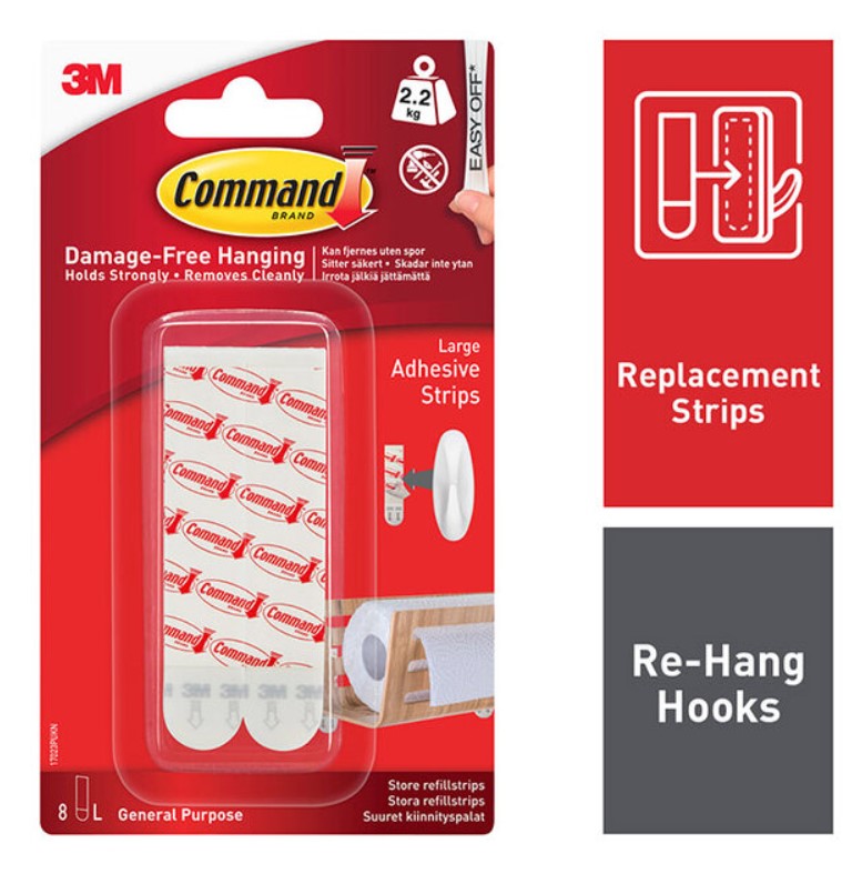 3M Command Large Mounting/Replacement Strips 17023P Pack of 8