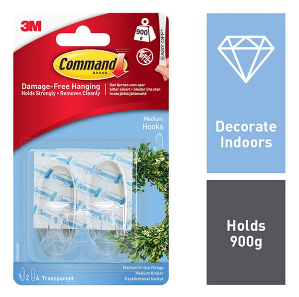 3M Command Medium Clear Hooks with Clear Strips 17091CLR Pack of 2