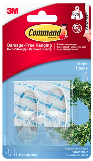 3M Command Medium Clear Hooks with Clear Strips 17091CLR Pack of 2