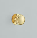 A polished gold door knob with a matching round backplate, shown against a solid light gray background.