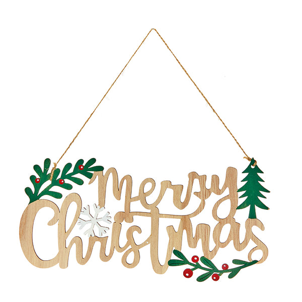 Premier 29.5cm Wood Merry Christmas with Holly Berry Hanger