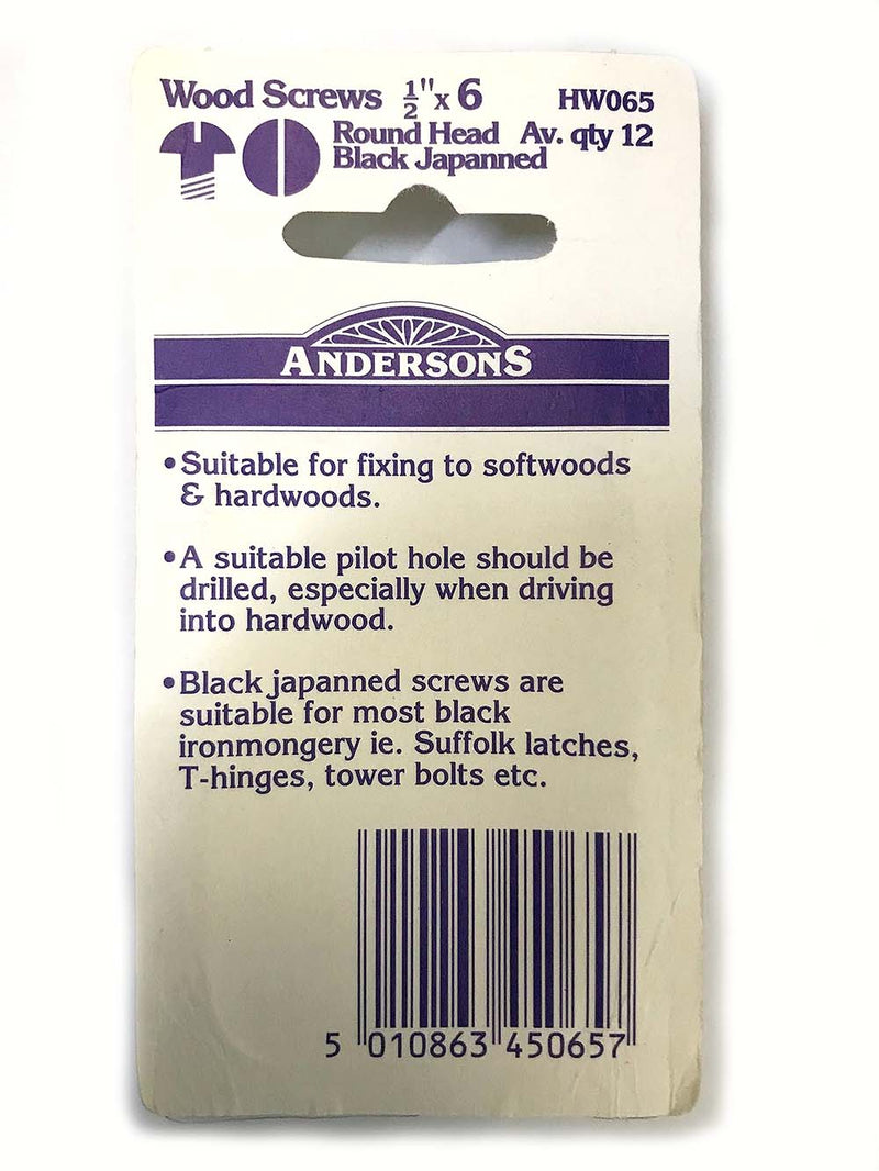 Andersons Wood Screws ½” x 6 Round Head Black Japanned