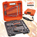 Bahco socket wrench set in an orange and black carrying case, shown open with various hand tools arranged inside. A smaller closed case and a branded logo graphic are also visible on a light background with subtle starburst effects.
