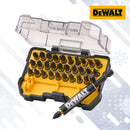 DeWalt 26-piece screwdriver bit set with an open clear plastic case, a yellow and black screwdriver bit holder, and a black-and-yellow screwdriver bit pen, shown on a light gray background with the DeWalt logo.