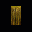 A vertical gold metallic fringe curtain or door hanging panel, shown centered against a solid black background.