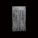 A rectangular silver tinsel curtain or garland hanging against a solid black background.