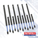 A set of Faithfull 1/4-inch hex shank bits with blue and black shafts, arranged diagonally on a light gray background with a Faithfull Quality Tools logo in the bottom right corner.