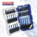 Faithfull 20-piece screwdriver bit set shown in an open blue plastic case with a clear cover, displayed on a light gray background with a red and blue Faithfull logo in the top left.
