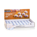 Premier Flickering LED Tea Lights in a white cardboard retail display box, with several individual tea lights in front on a clean white background.