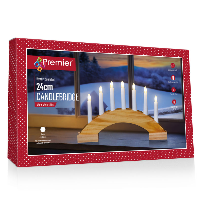 Premier Battery Warm White Christmas Wooden LED Candle Bridge 24cm Natural