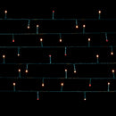 Warm white LED string lights arranged in horizontal rows against a solid black background.