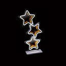 Three illuminated acrylic star-shaped wall lights stacked vertically on a silver metal base, shown against a solid black background.