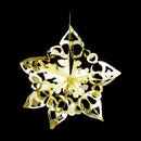 A gold and white metallic six-pointed star hanging ornament with intricate cutout patterns, shown against a solid black background.