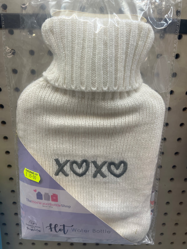 Small Hot Water Bottle XOXO with Cream Knitted Cover