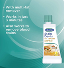 A bottle of Dr. Beckmann Stain Devils Fat & Sauces Cooking Oil, Pizza, Curry, shown on a teal graphic background with promotional text highlighting its multi-fat remover properties.