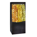 A black rectangular box containing vertical strands of shiny metallic tinsel in gold, orange, and yellow, shown against a plain white background.