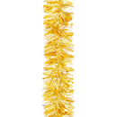A single strand of metallic gold tinsel garland, shown vertically against a solid white background.