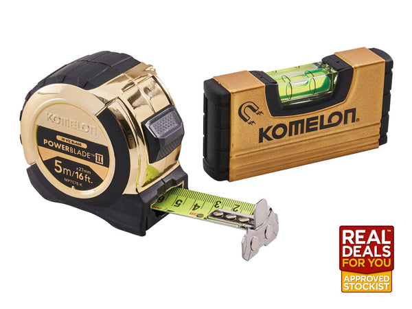 Komelon 5m - 16ft Gold PowerBlade Tape Measure with Free Mini Level