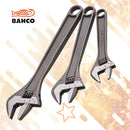 Three Bahco adjustable wrenches in different sizes, arranged diagonally on a white and gold background with the Bahco logo in the top left corner.