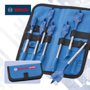 Bosch expert spade drill bit set with a blue roll-up case, shown open with six bits numbered 18 to 25. Includes a small inset of the closed case with Bosch Expert branding.