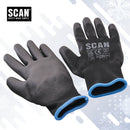 A pair of black work gloves with blue trim on the cuffs, shown on a light gray background with a white and gray graphic pattern. The brand name 'SCAN' is printed on the back of one glove, and a SCAN logo is visible in the top-left corner.