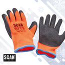 A pair of orange and black knit work gloves with blue trim, shown on a light gray background with snowflake graphics. The brand name 'SCAN' is printed on the glove.