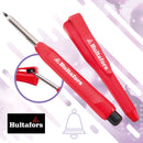 A Hultafors electric screwdriver with a red handle and silver metal shaft, shown alongside its matching red protective cover. A circular inset highlights the tip lock feature, and the Hultafors brand logo is visible both on the product and as a graphic overlay.