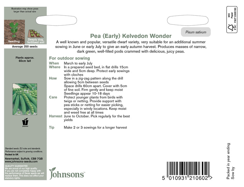 Johnsons 120997 Pisum sativum - Pea Kelvedon Wonder