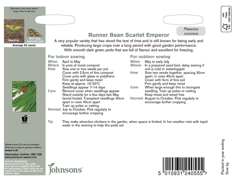 Johnsons 120999 Phaseolus coccineus - Runner Bean Scarlet Emperor