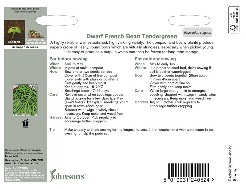 Johnsons Seeds Dwarf Bean Tendergreen