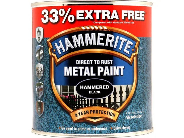 Hammerite Metal Hammered Black 750ml + 33% Free 5158237