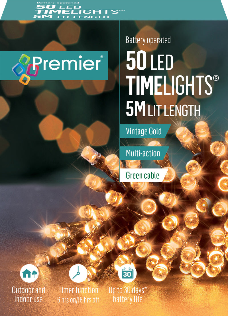 Premier LB112382VG 50 Vintage Gold Multi-Action LED Battery Operated Time Lights