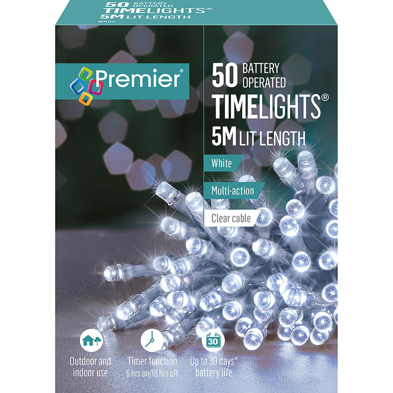 Premier 50 White Multi-Action LED Battery Operated Time Lights Clear Cable LB112382WC