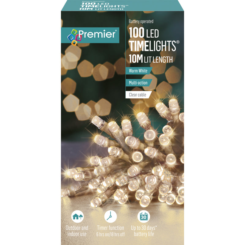 Premier 100 Warm White Multi-Action LED Battery Operated Time Lights LB112383WWC (clear cable)
