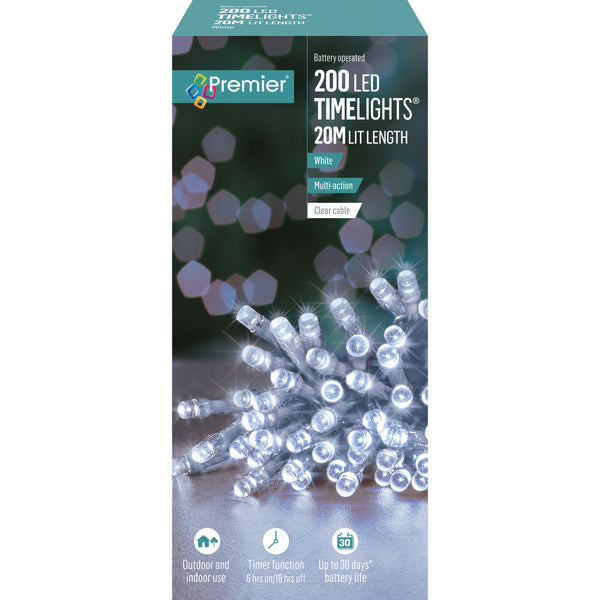 Premier 200 White Multi-Action LED Battery Operated Time Lights LB112384WC (clear cable)