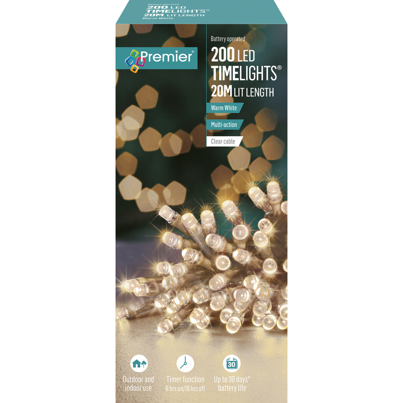 Premier 200 Warm White Multi-Action LED Battery Operated Time Lights LB112384WWC (clear cable)