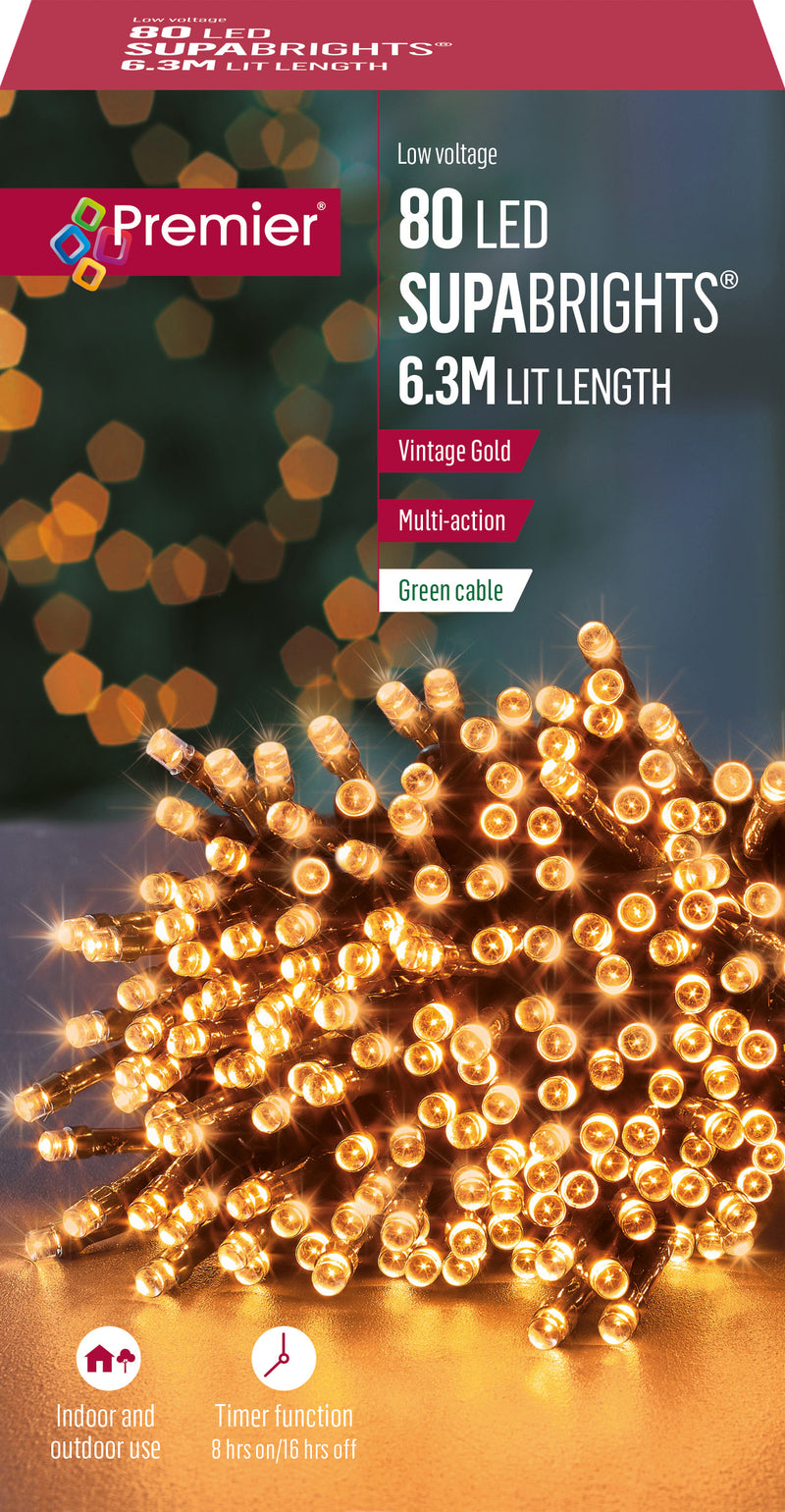 Premier LV178500VG Multi-Action Supabrights 80 LED Lights Vintage Gold With Timer