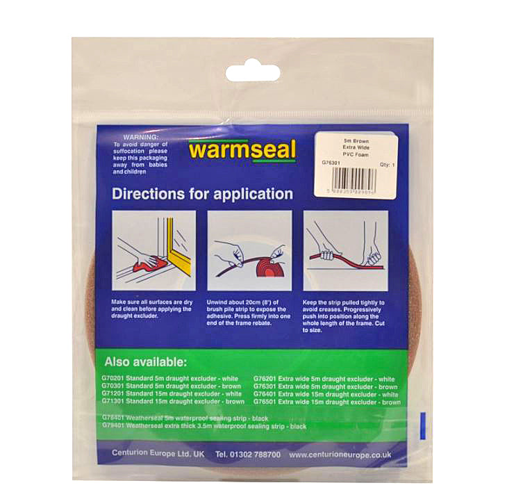 Warmseal G76301 PVC Foam Draught Excluder Brown 5m Extra Wide
